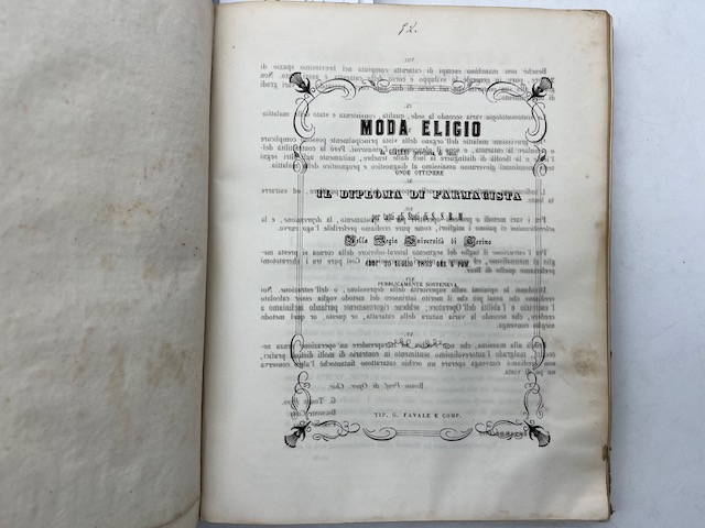 Moda Eligio da Giaveno (provincia di Susa) onde ottenere il Diploma di Farmacista... Saggio chimico sulle combinazioni della morfina cogli acidi